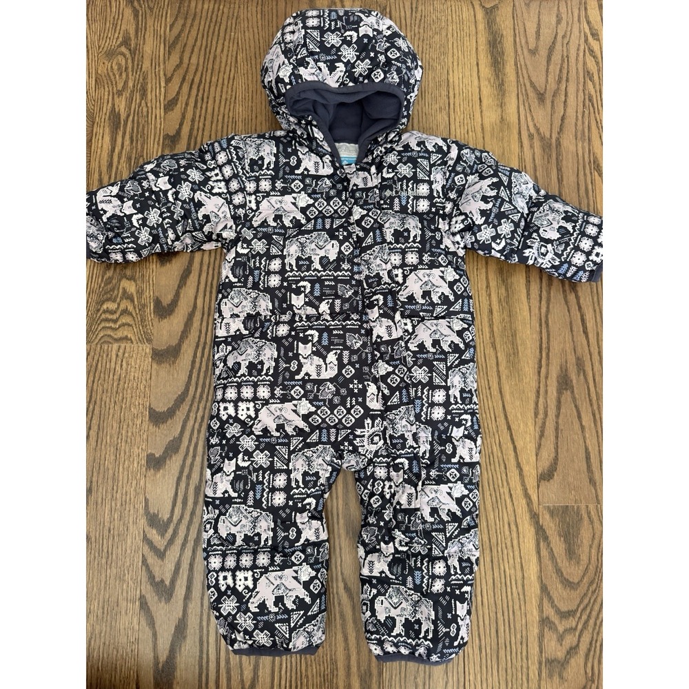 Columbia Baby Snowsuit 6-12 Months Navy Bear Print Hooded Fleece Lined Bunting